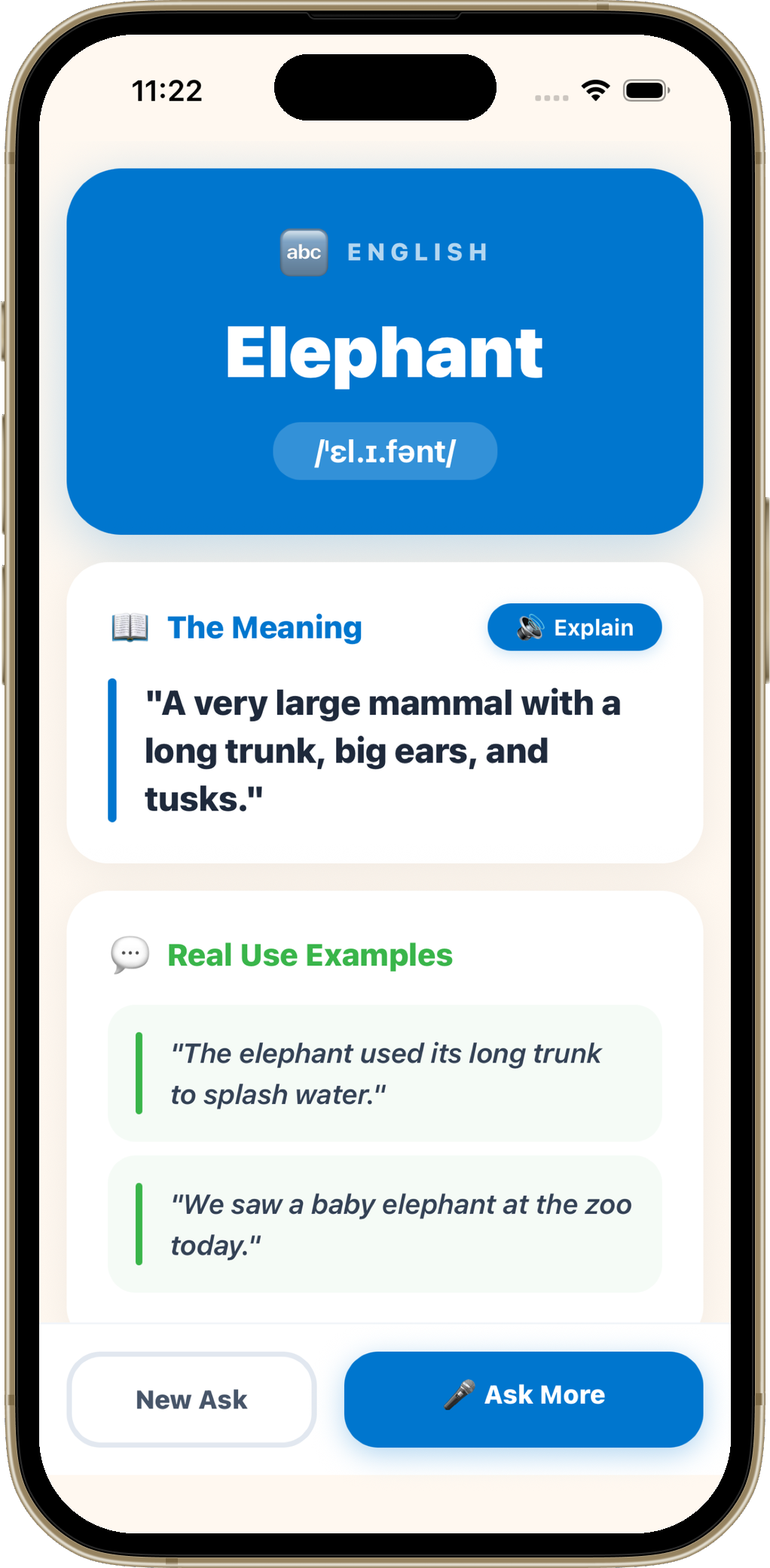 English word learning with definitions and examples